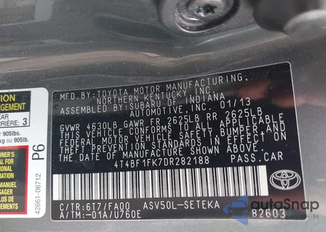 2013 Toyota Camry L z USA, uszkodzony, nr VIN 4T4BF1FK7DR282188